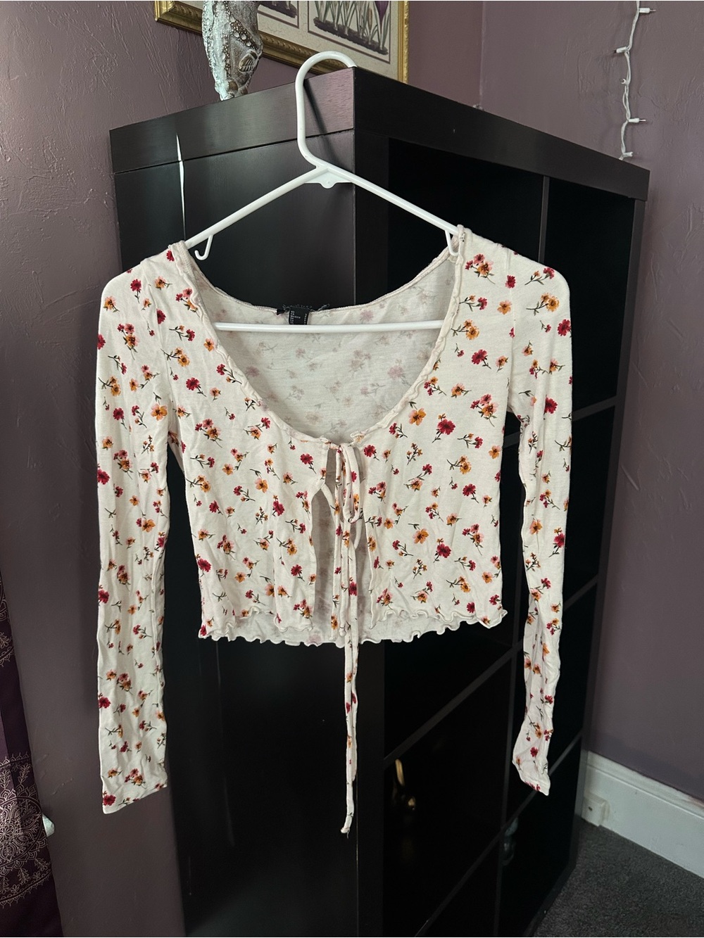 Forever 21 Cream Ribbed Tie-Front Crop Top with Red & Yellow Floral Print